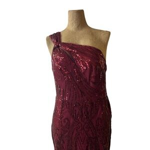 Galina Signature Sequin Gown Formal Dress One Shoulder Slit Burgundy‎ 6